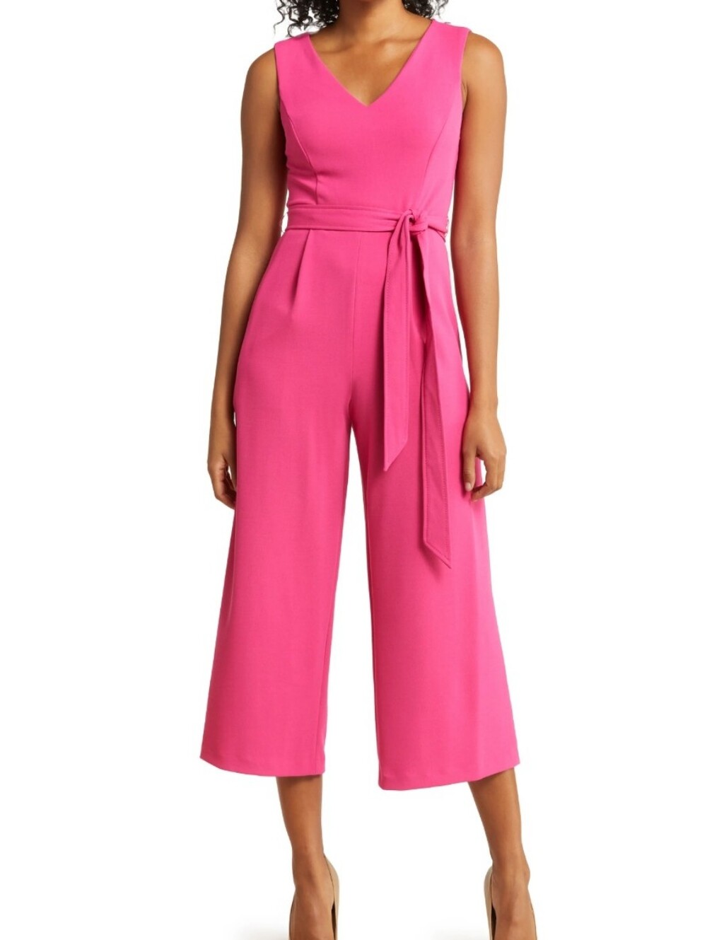 Calvin Klein Hot Pink V-Neck Sleeveless Wide-Leg Jumpsuit with Waist Tie